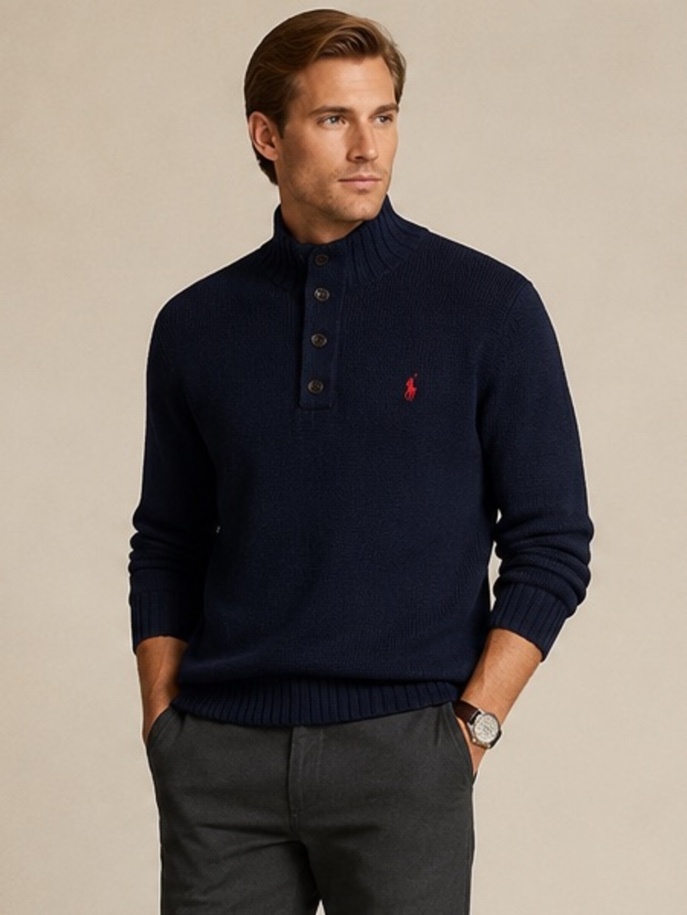 Polo Ralph Lauren Heritage Cotton Mock Neck Knit Sweater Navy Blue Men’s XL